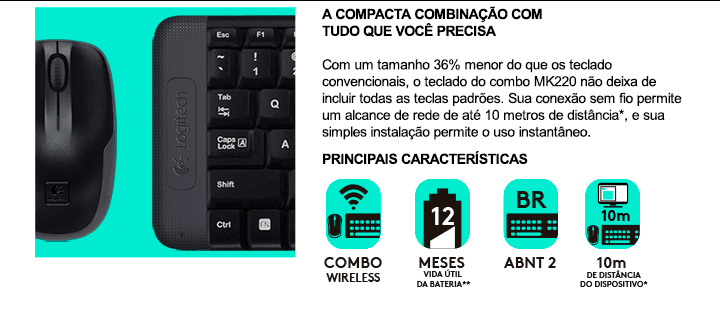 Teclado e Mouse Mk220 Preto Logitech Wireless